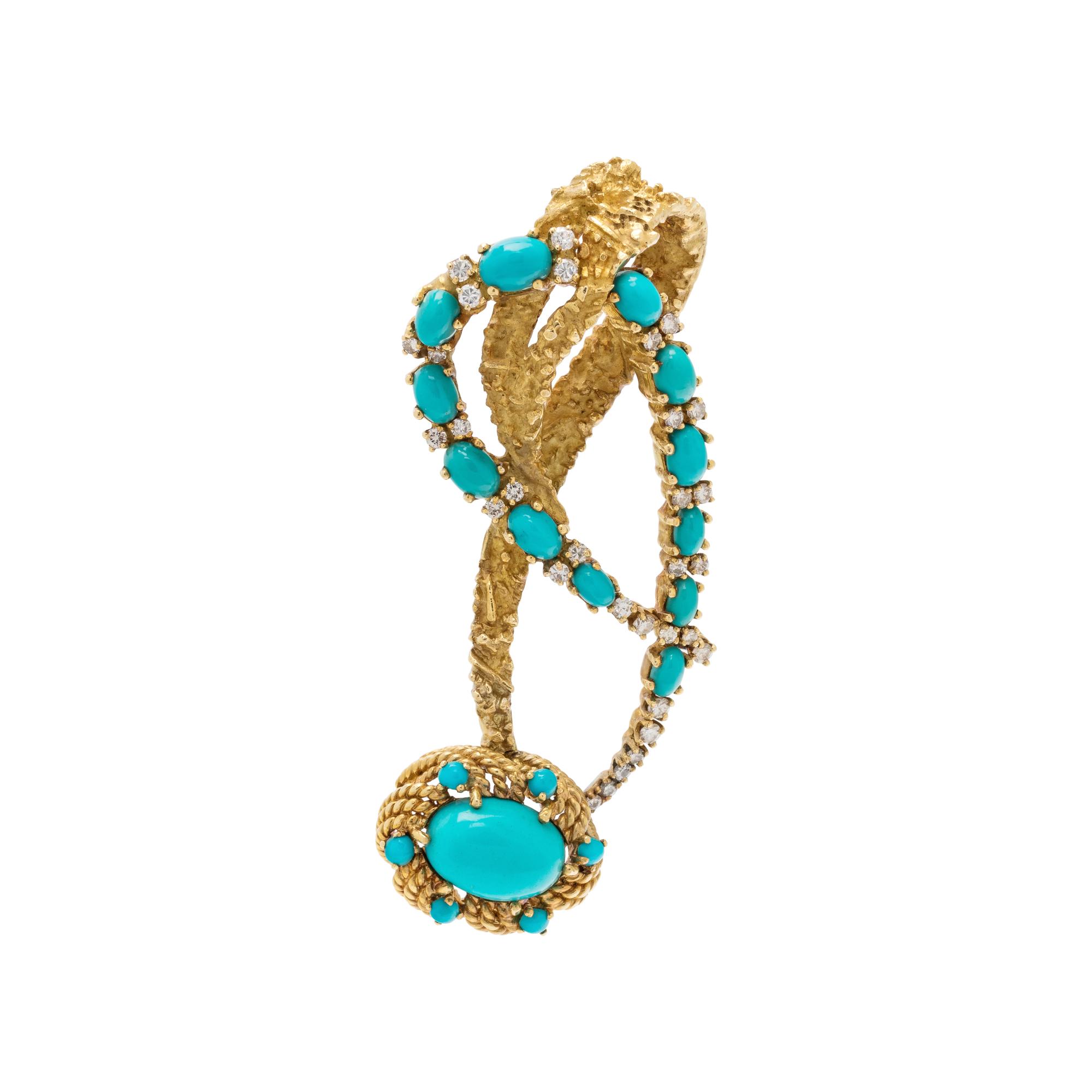 YELLOW GOLD, TURQUOISE AND DIAMOND BROOCH