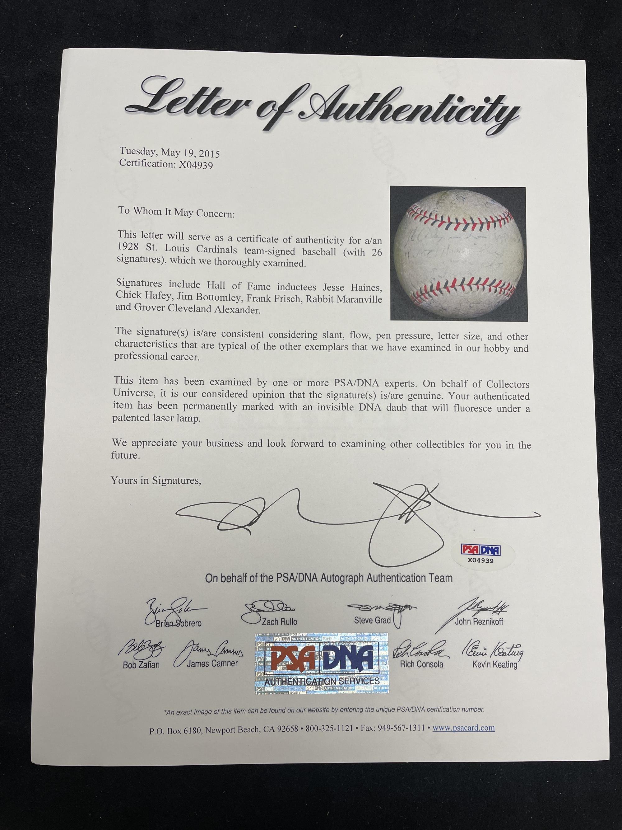 A 1928 St. Louis Cardinals Team Signed Autograph Baseball Featuring Jesse Haines, Chick Hafey, Frank Frisch, Rabbit Maranville and Grover Cleveland Alexander (PSA Letter of Authenticity),