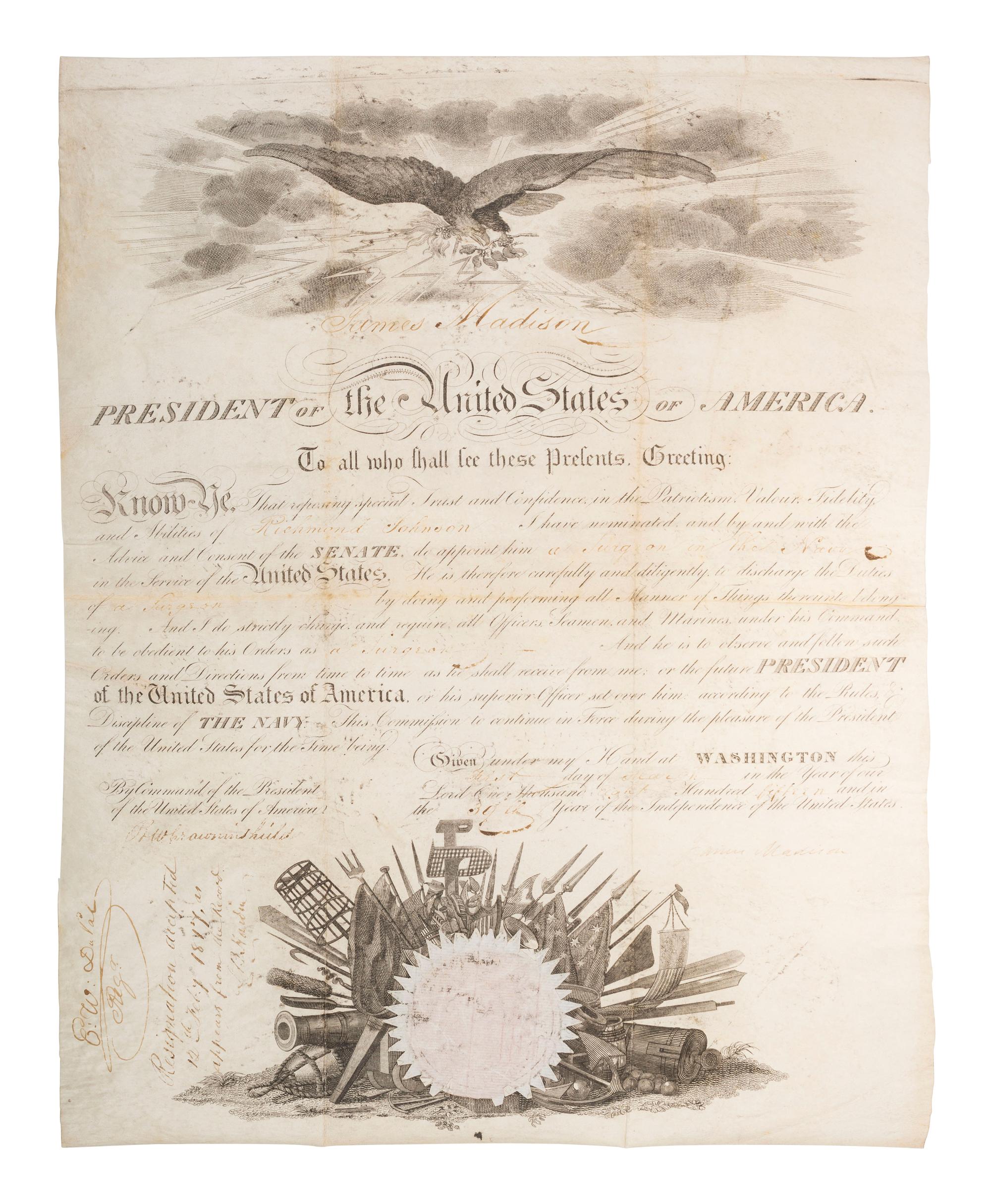 MADISON, James (1751-1836). Partly-printed appointment signed ("James Madison"), as President of the United States. Washington, DC. 1 March 1815.