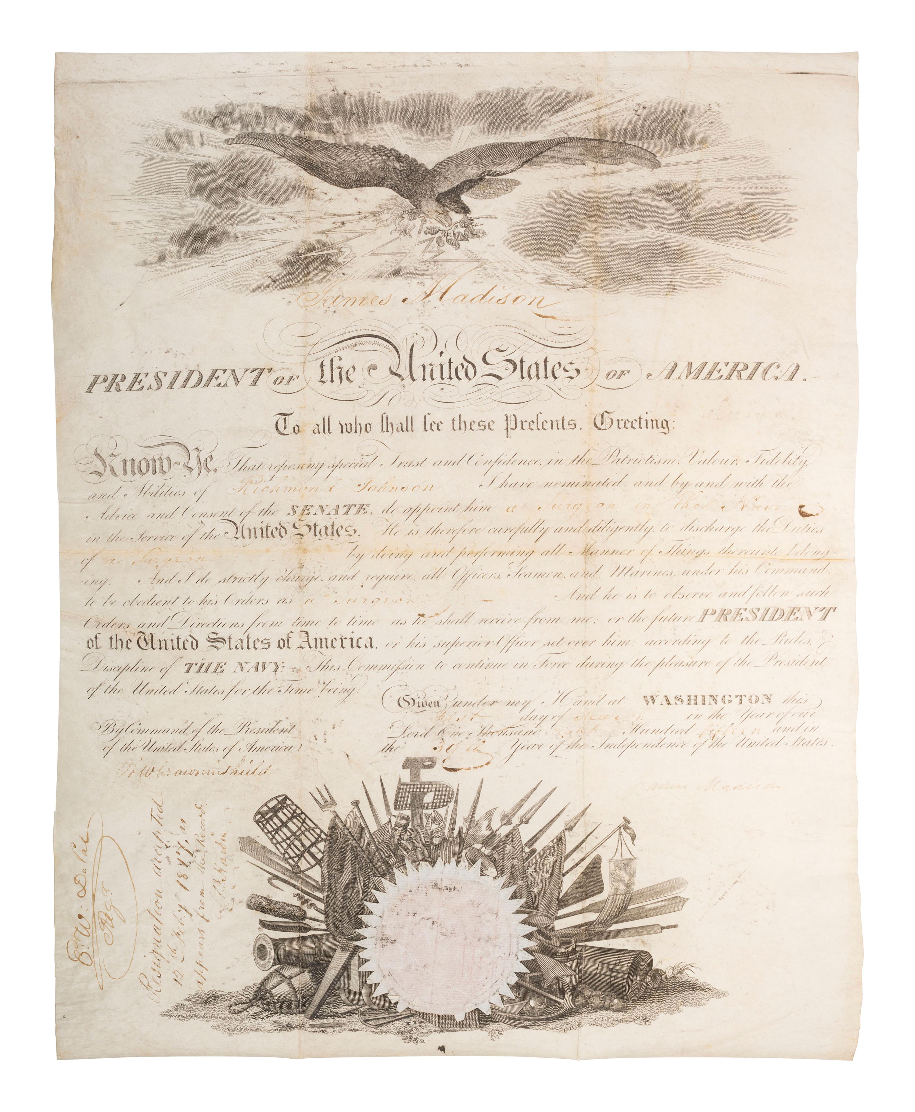 MADISON, James (1751-1836). Partly-printed appointment signed ("James Madison"), as President of the United States. Washington, DC. 1 March 1815.