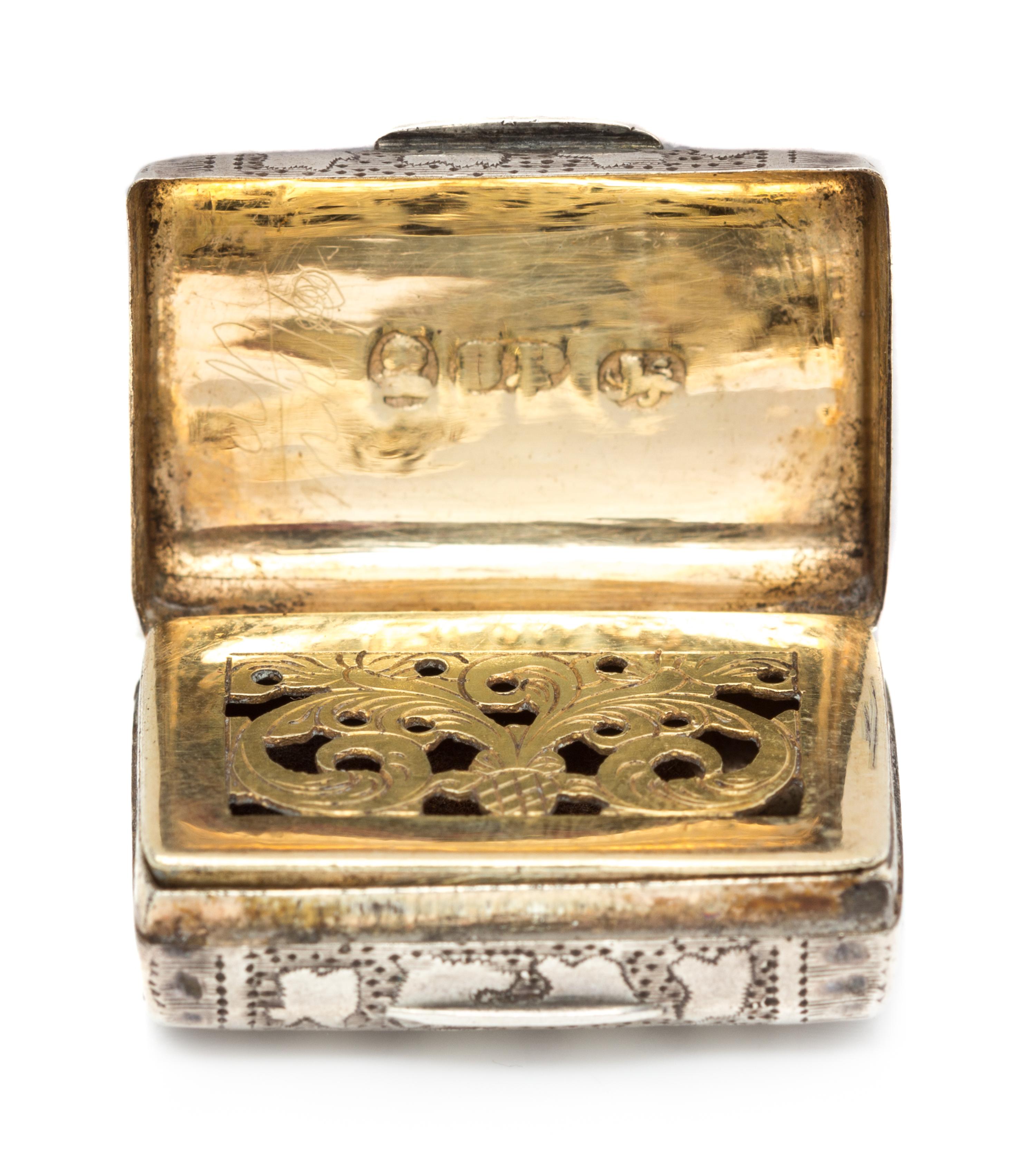 A George III Silver Vinaigrette, Likely Samuel Pemberton, Birmingham, 1790, the case in the form of a satchel.