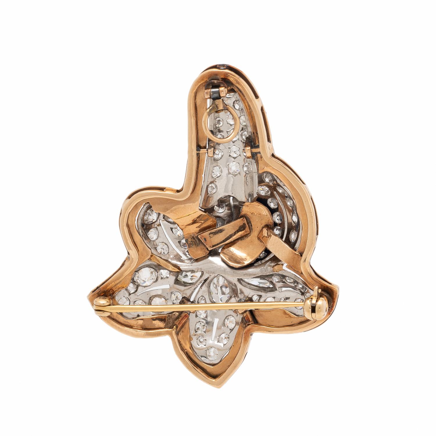 Diamond, Platinum, Rose Gold, and Enamel Flower Pendant Brooch
