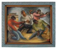 [HARLEM RENAISSANCE]. Painting depicting a group of men dancing.