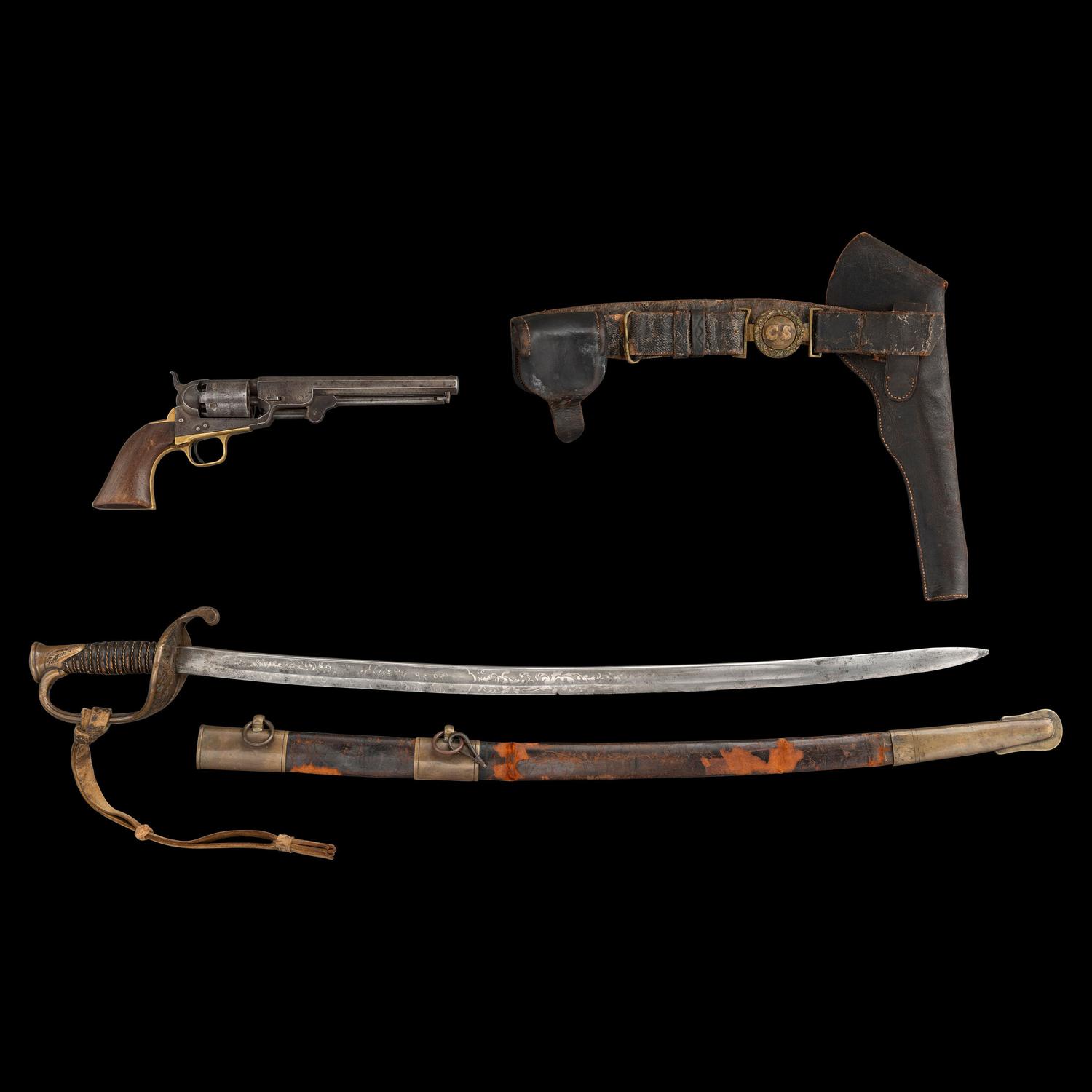 Archive of a Confederate Mobile-Made Etched Blade Staff & Field Officers Sword, Leech & Rigdon Two-Piece Belt Plate and Belt, Colt Navy and Holster likely of Capt. (Lt. Col.) R.H Shotwell