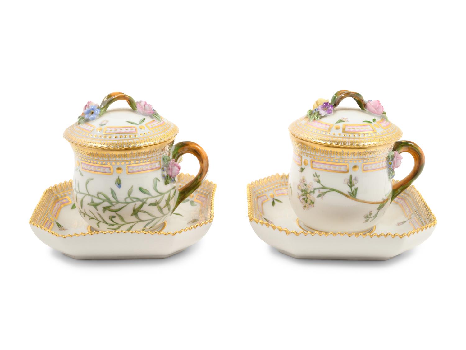 A Set of Eight Royal Copenhagen Flora Danica Pots de Crème and Saucers