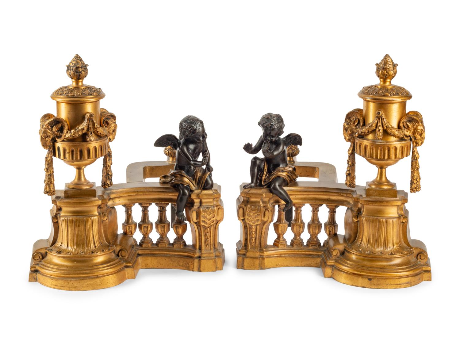 A Pair of French Gilt and Patinated Bronze Chenets