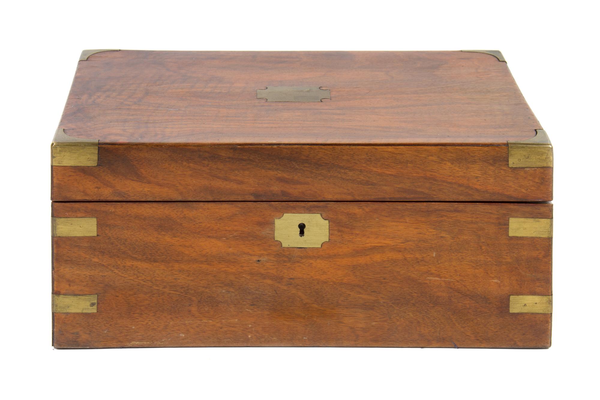 A Regency Brass Banded Mahogany Writing Box Height 6 1/2 x width 13 3/4 x depth 9 1/4 inches.