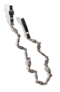 A Gianni Versace Black Leather and Silver Link Pocket Chain, Length: 20.75"; Leather loops: 3"; Charm: .5" x 1.5".