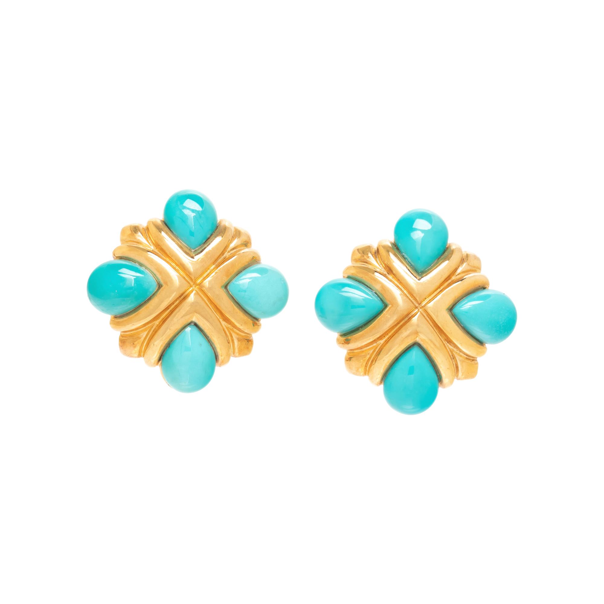 YELLOW GOLD AND TREATED TURQUOISE EARRINGS