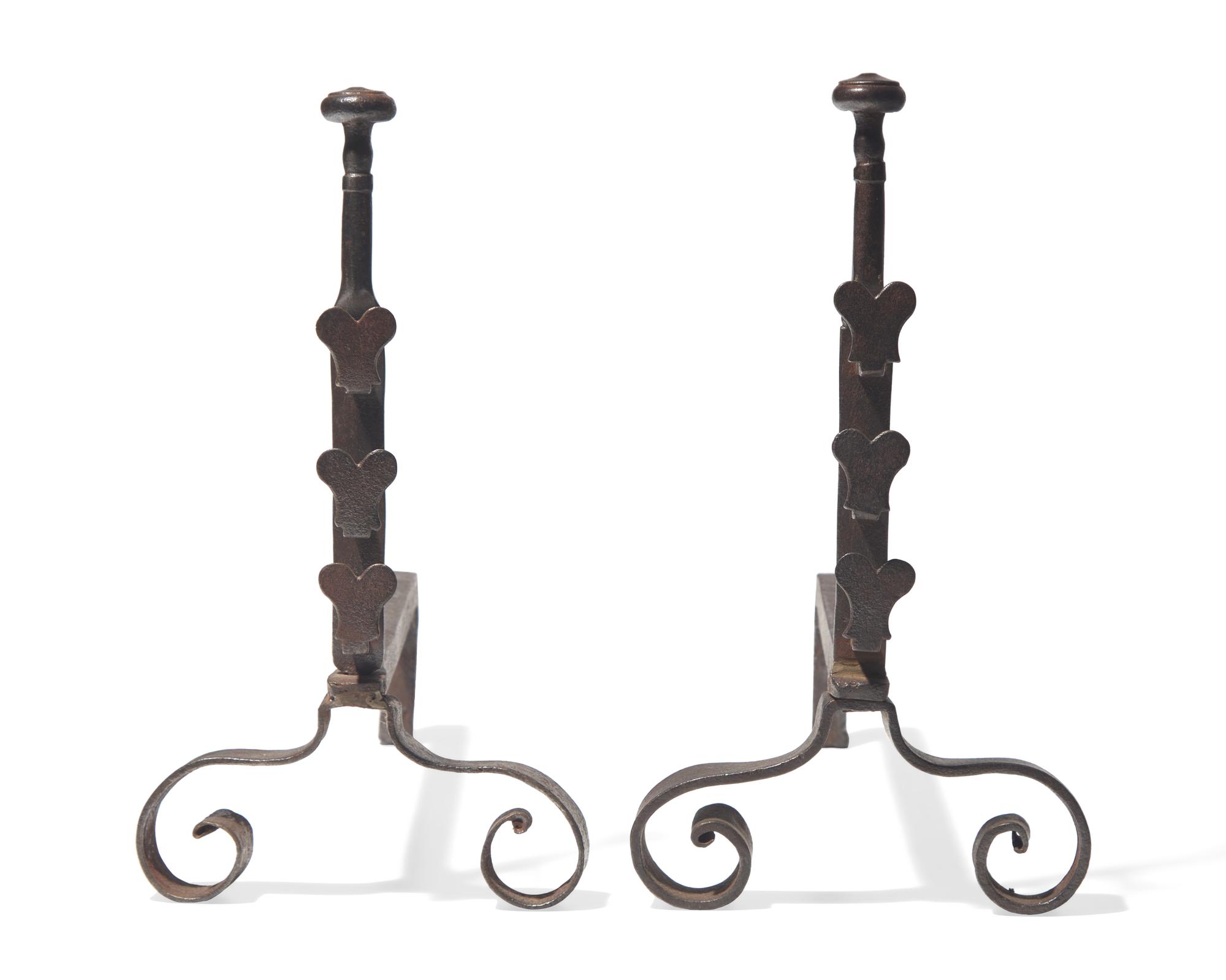A Small Pair of Wrought Iron Andirons with Hearts, Probably French, 18th Century