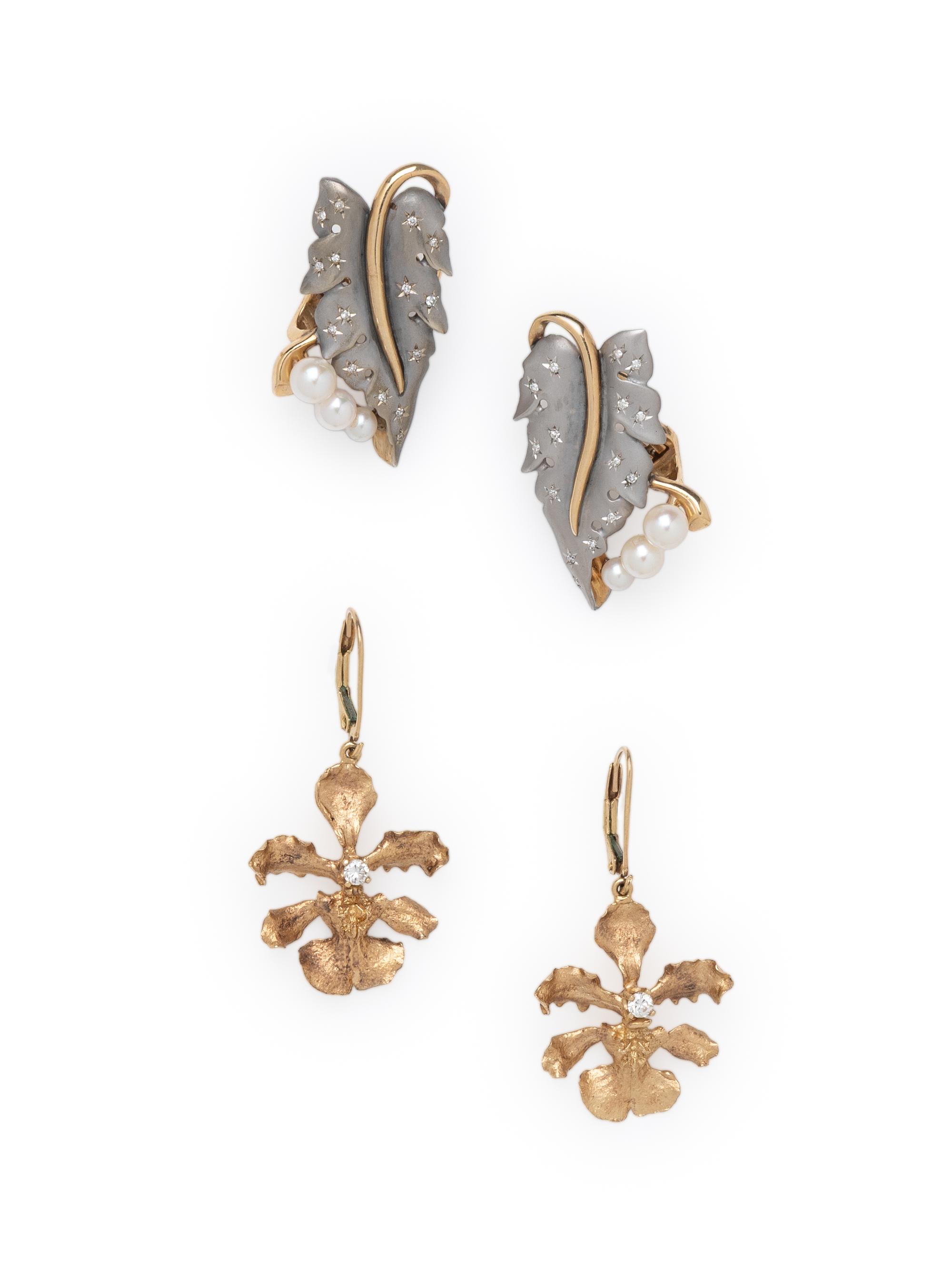 TWO PAIRS OF GOLD AND DIAMOND BOTANICAL EARRINGS