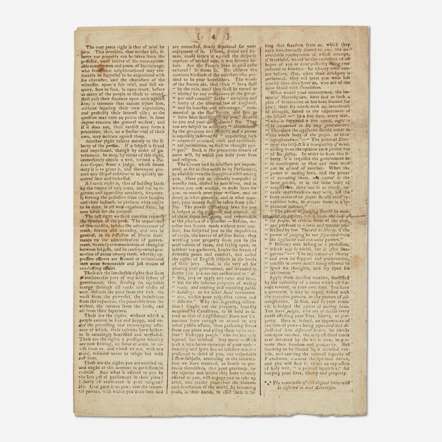 [Americana] [First Continental Congress] (Jay, John, and John Dickinson) Supplement to the Edinburgh Advertiser