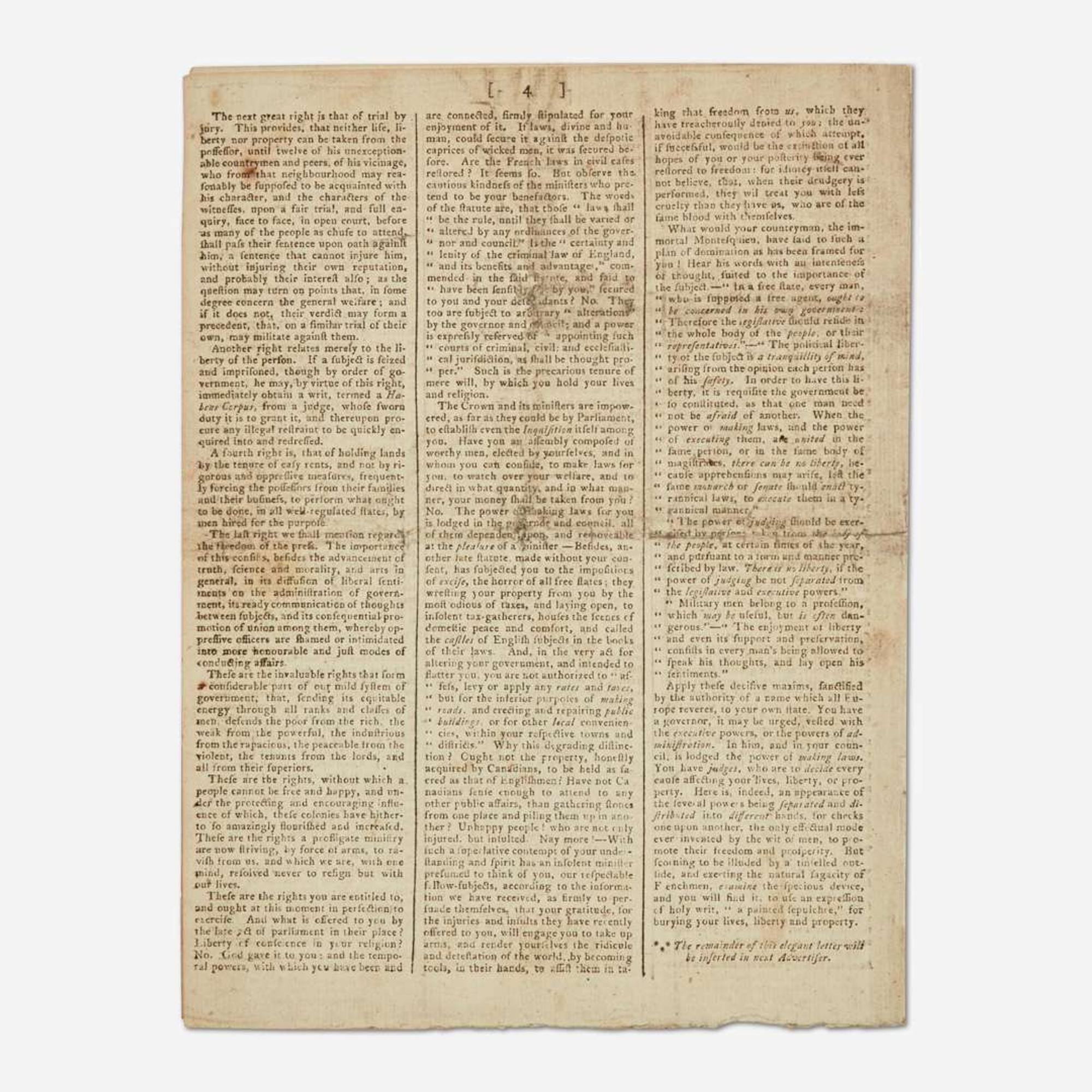[Americana] [First Continental Congress] (Jay, John, and John Dickinson) Supplement to the Edinburgh Advertiser