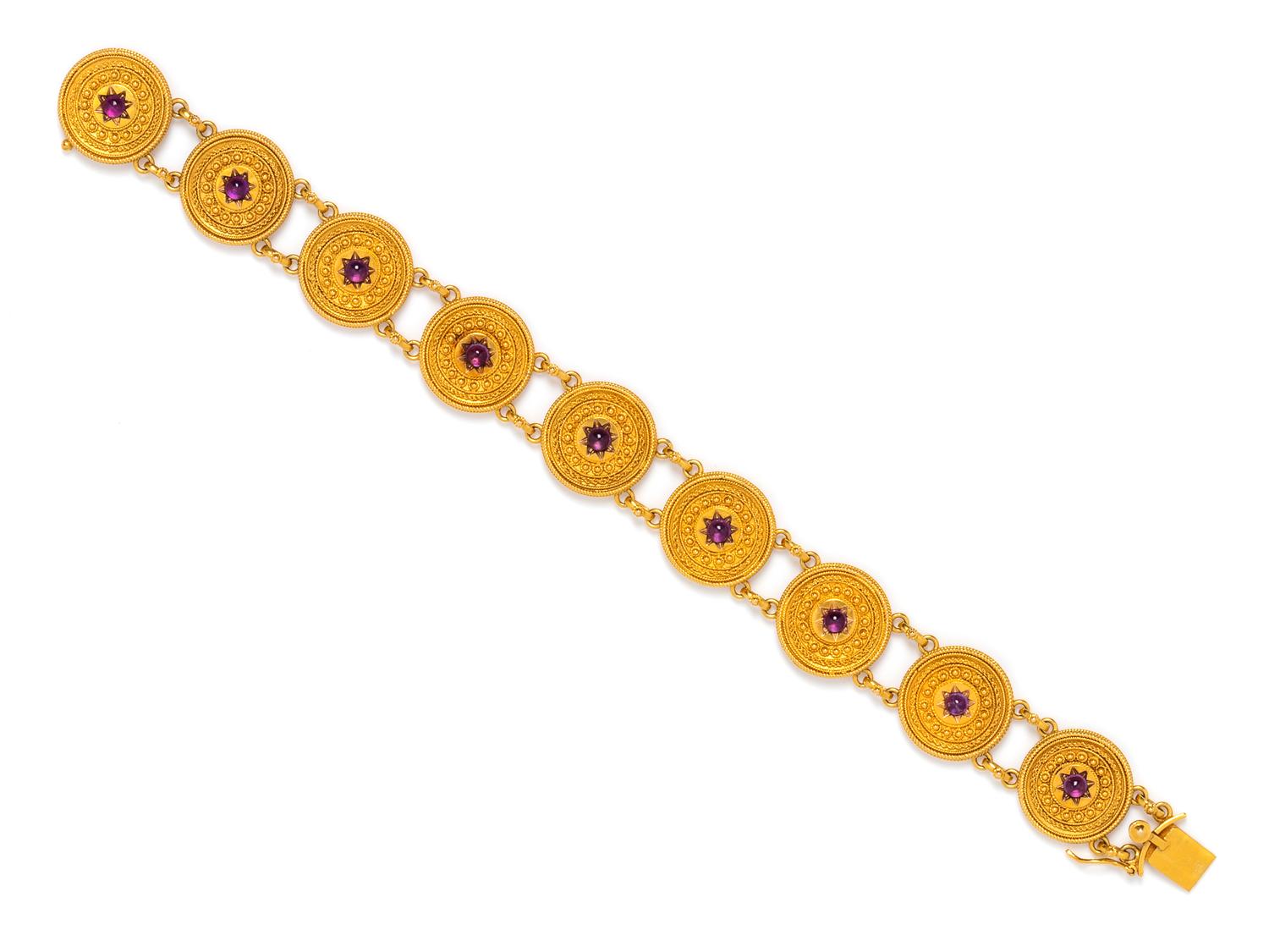 CASTELLANI, ARCHAEOLOGICAL REVIVAL, YELLOW GOLD AND AMETHYST BRACELET