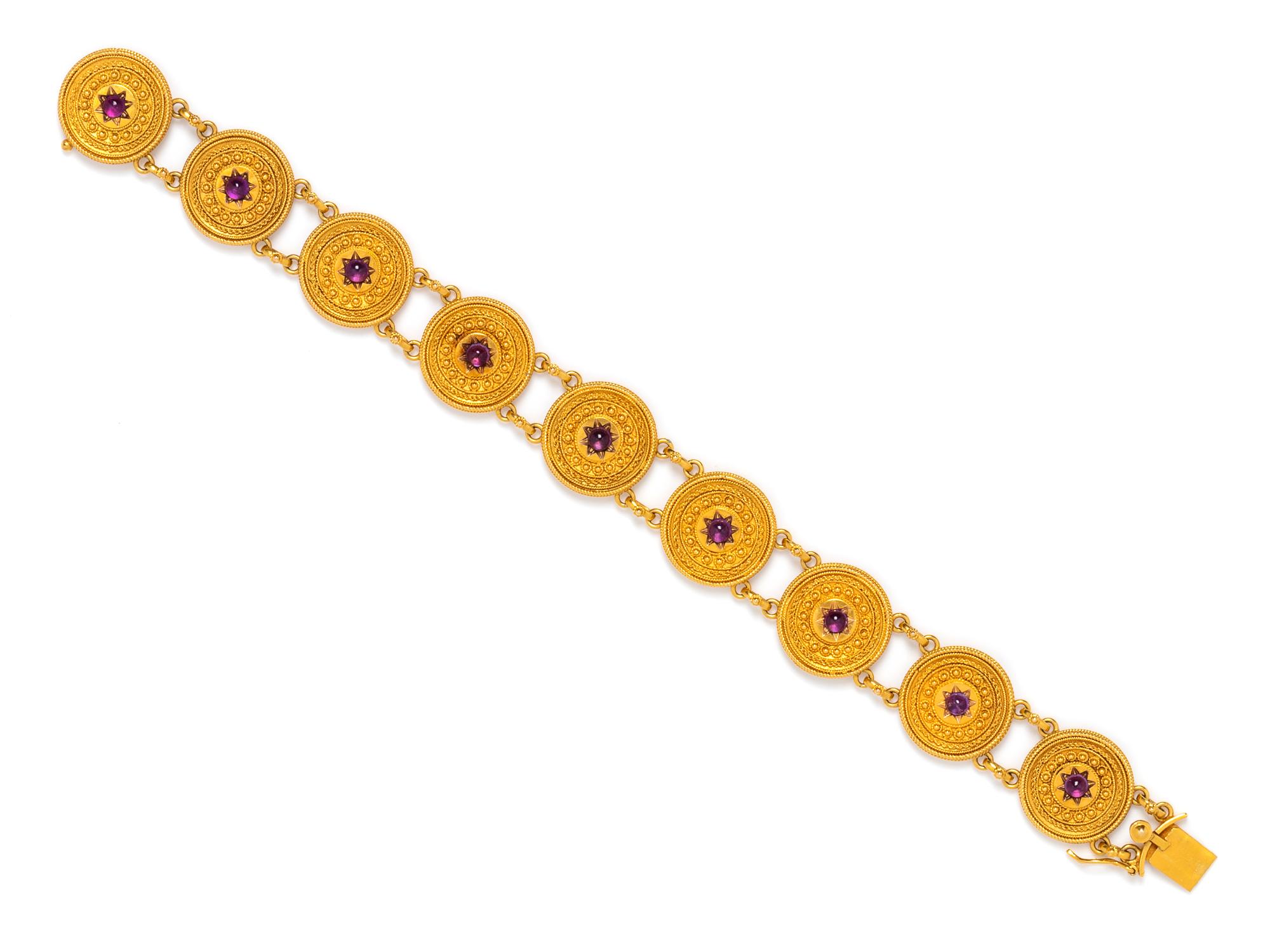 CASTELLANI, ARCHAEOLOGICAL REVIVAL, YELLOW GOLD AND AMETHYST BRACELET