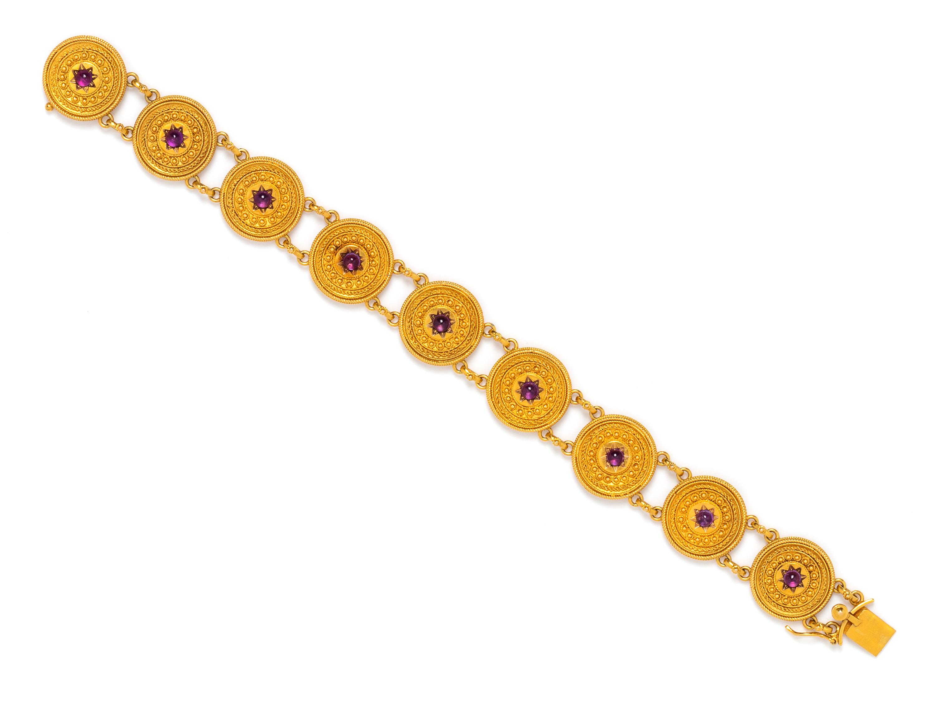 CASTELLANI, ARCHAEOLOGICAL REVIVAL, YELLOW GOLD AND AMETHYST BRACELET