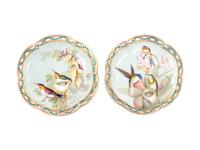 A Pair of Continental Ornithological Painted and Parcel Gilt Porcelain Compotes