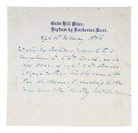 DICKENS, Charles (1812-1870). Autograph note signed in the third person (“Mr. Charles Dickens”), to Dr. Bond, 8 February 1866.