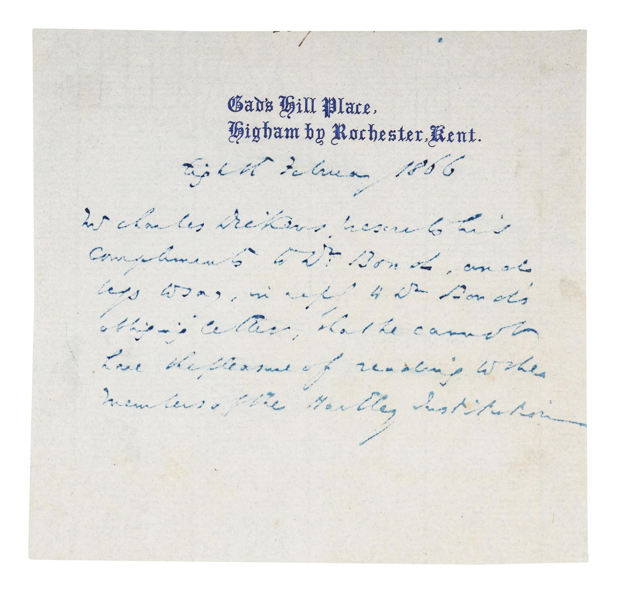 DICKENS, Charles (1812-1870). Autograph note signed in the third person (“Mr. Charles Dickens”), to Dr. Bond, 8 February 1866.