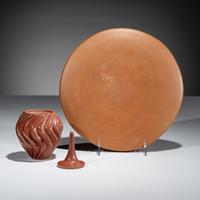Carved Redware Pottery Plate and Vase