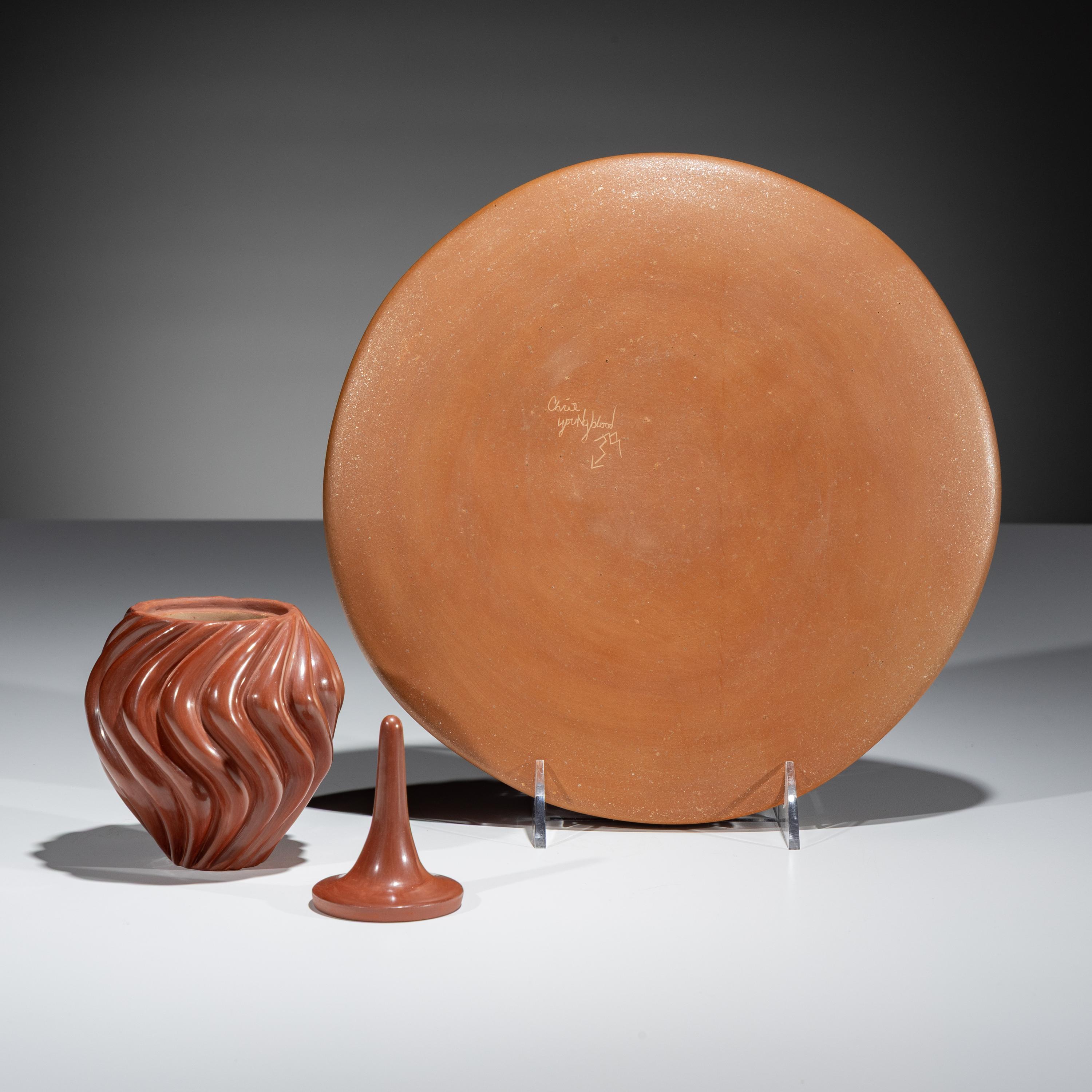 Carved Redware Pottery Plate and Vase
