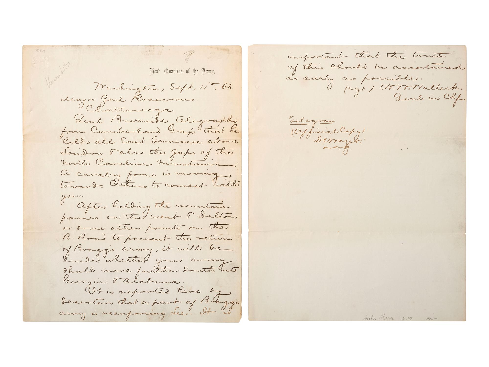 [CIVIL WAR]. Official copy of a telegram from General Henry Halleck to Major General William Rosecrans regarding movements against Confederate General Braxton Bragg's army on the eve of the Battle of Chickamauga. Washington, DC. 11 September 1863.