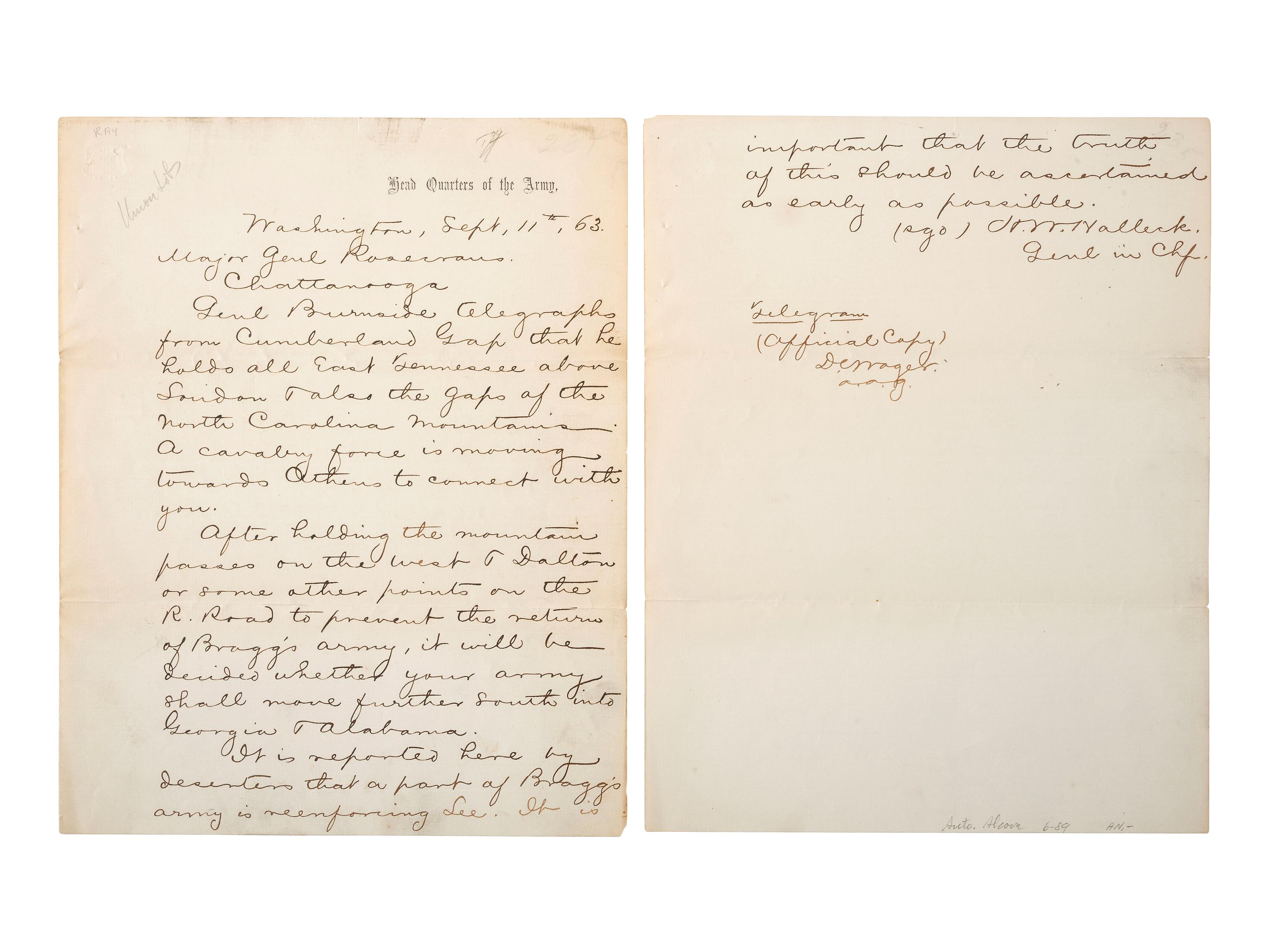 [CIVIL WAR]. Official copy of a telegram from General Henry Halleck to Major General William Rosecrans regarding movements against Confederate General Braxton Bragg's army on the eve of the Battle of Chickamauga. Washington, DC. 11 September 1863.