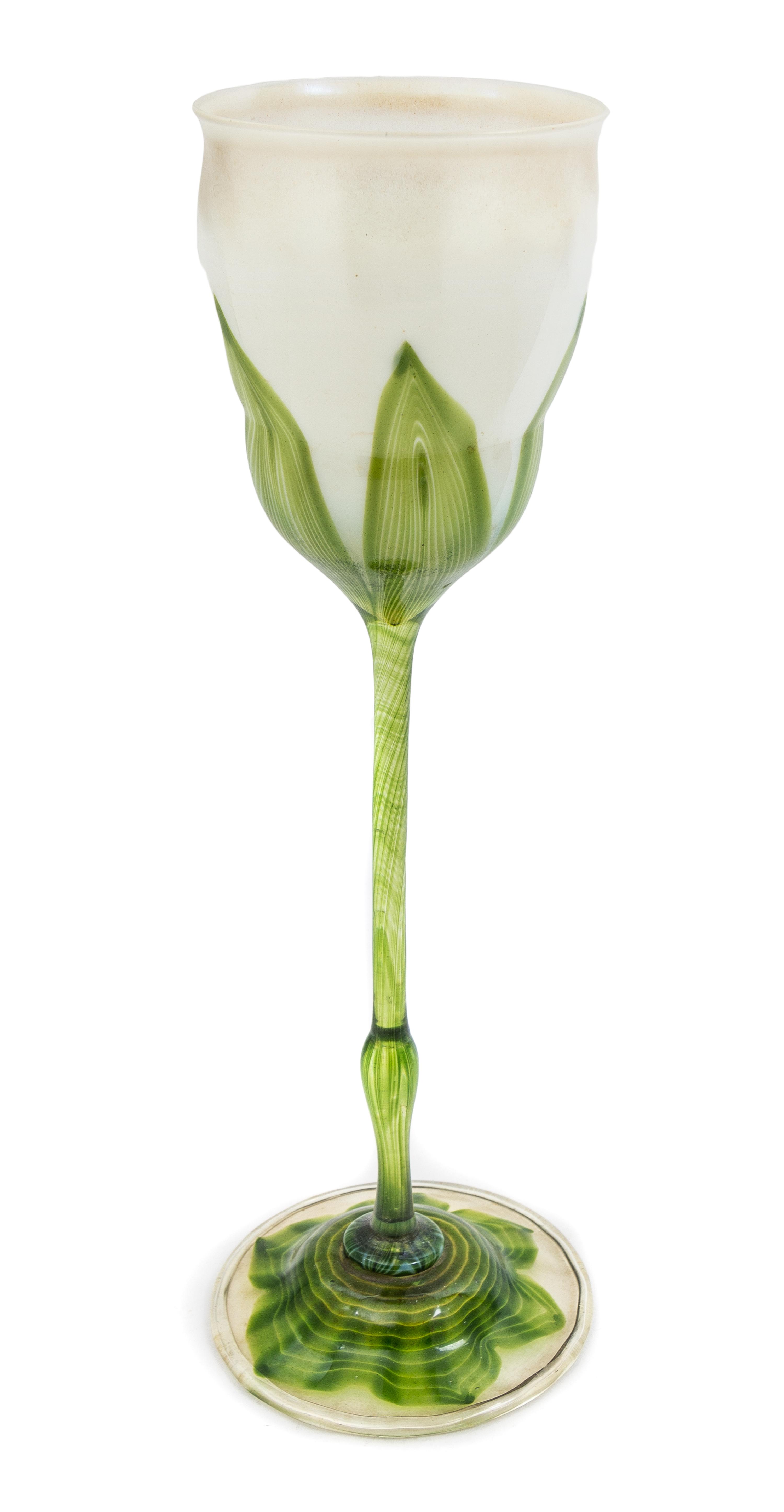 A Tiffany Studios Favrile Glass Floriform Vase Height 14 3/8 inches.