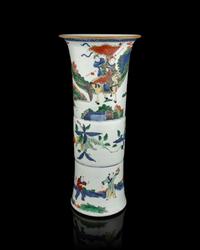 A Chinese Underglazed Blue and Wucai Porcelain Gu Vase