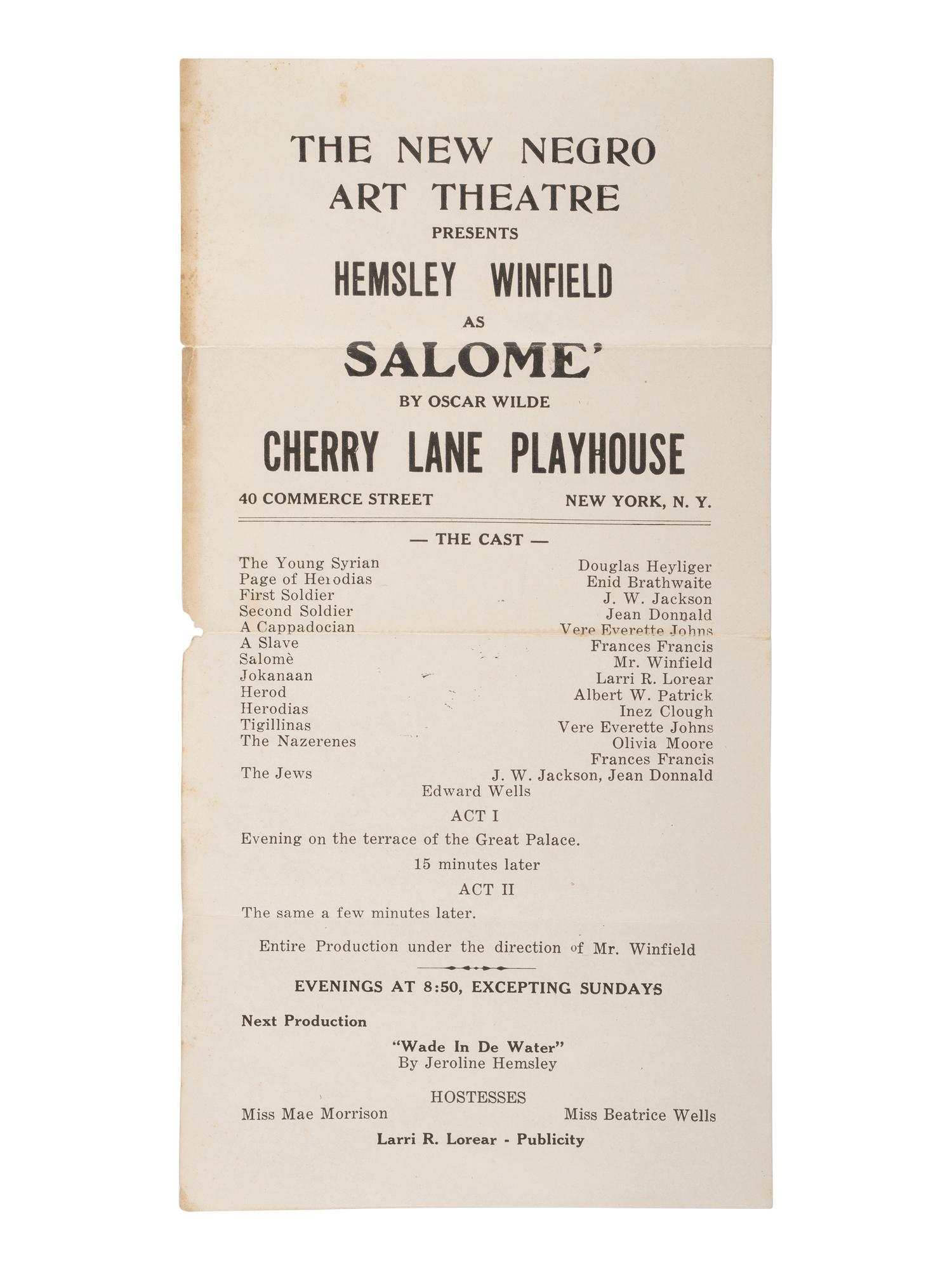 [HARLEM RENAISSANCE] -- [WINFIELD, O. Hemsley (1907-1934)]. The New Negro Art Theater handbill.