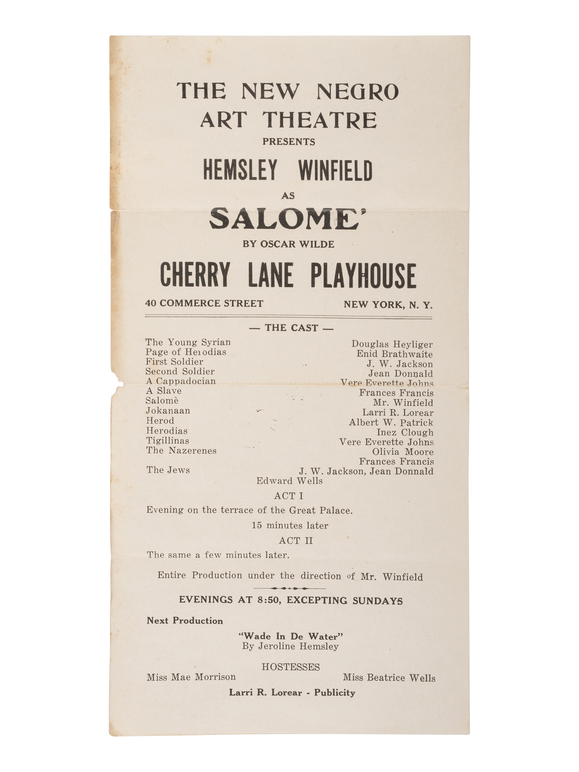 [HARLEM RENAISSANCE] -- [WINFIELD, O. Hemsley (1907-1934)]. The New Negro Art Theater handbill.