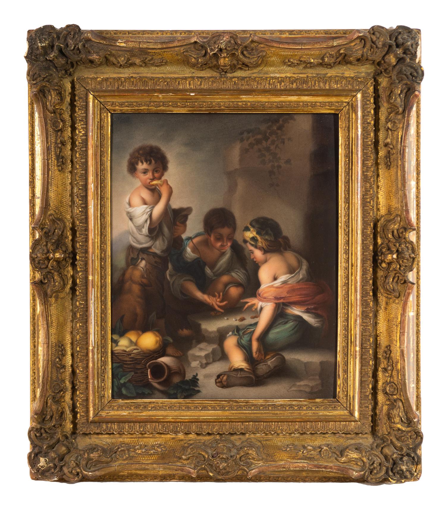 A Berlin (K.P.M.) Porcelain Plaque Depicting Three Boys Playing Dice After Bartolome Esteban Murillo