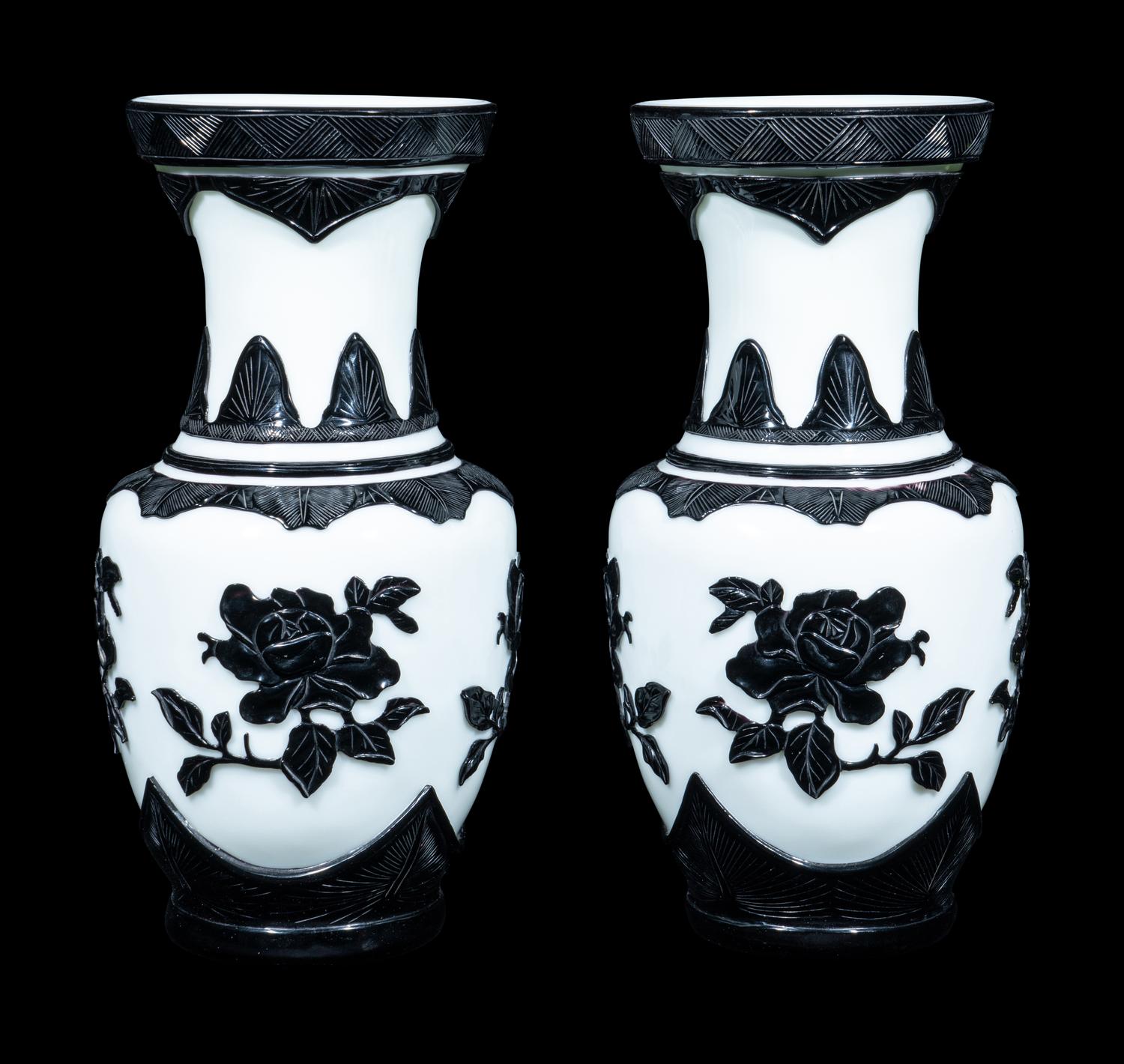 A Pair of Chinese Black Overlay White Ground Peking Glass Vases