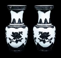 A Pair of Chinese Black Overlay White Ground Peking Glass Vases