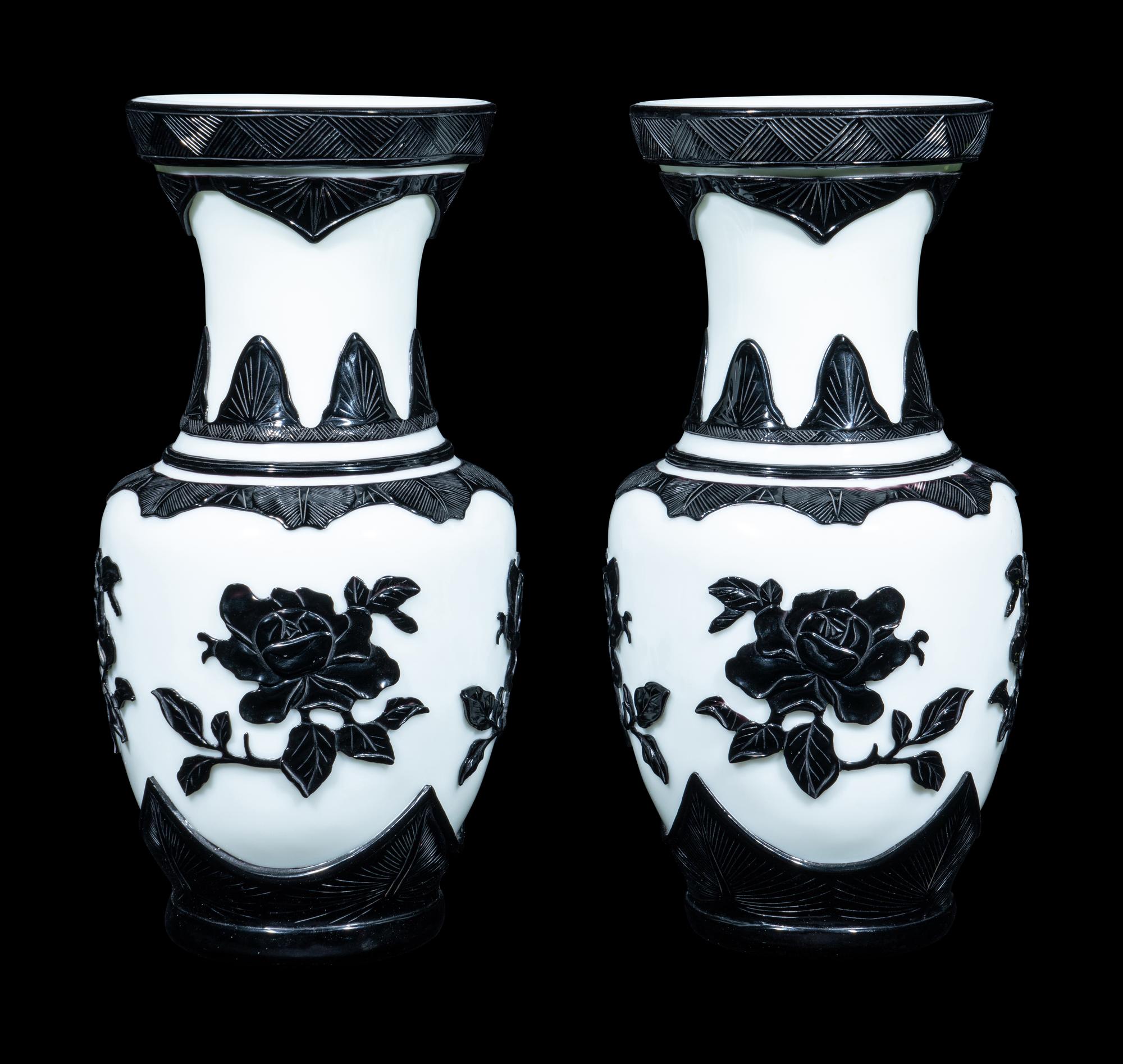 A Pair of Chinese Black Overlay White Ground Peking Glass Vases