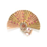 RETRO, TRICOLOR GOLD, RUBY, AND DIAMOND FAN BROOCH