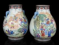 A Pair of Famille Rose Porcelain Zun Vases