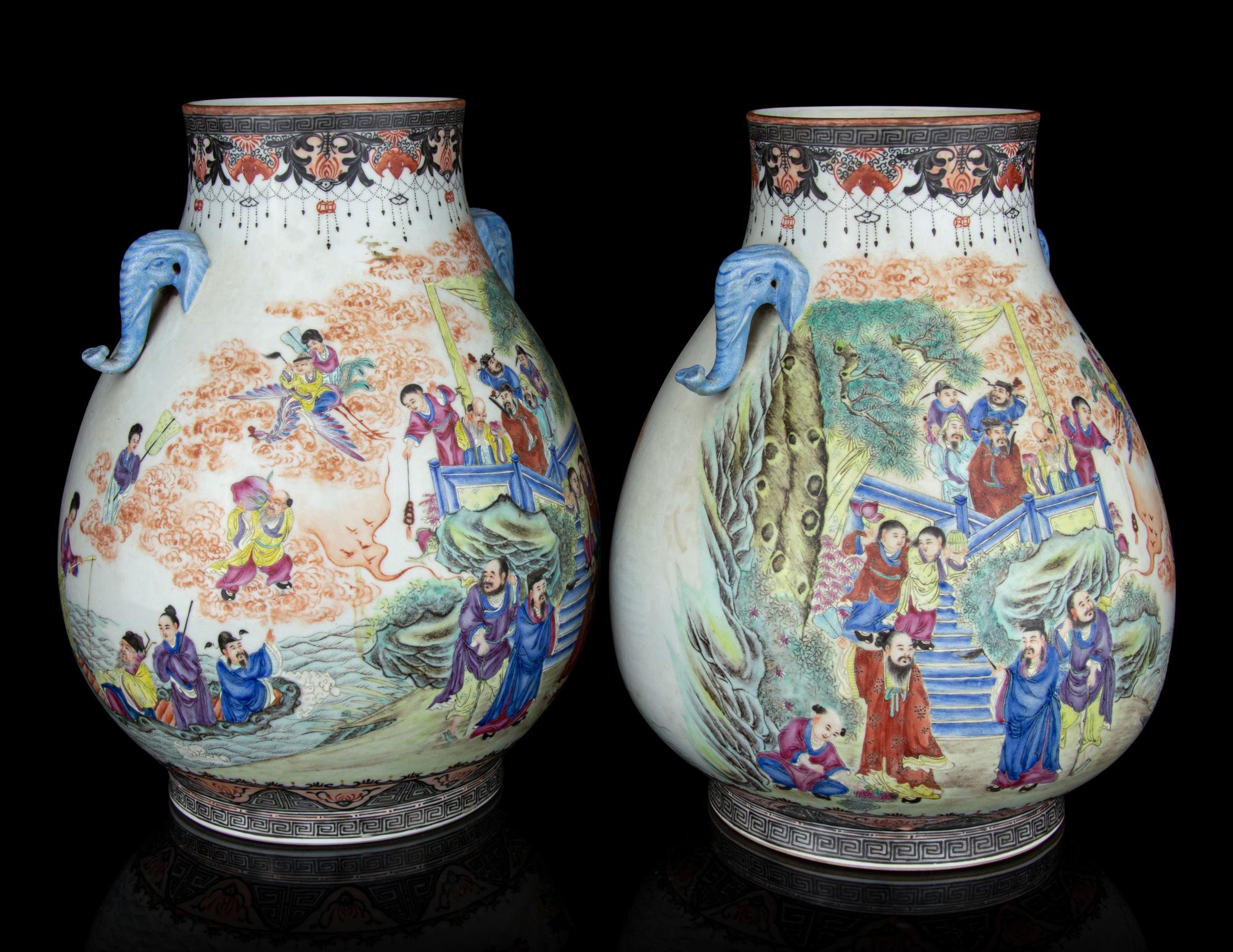 A Pair of Famille Rose Porcelain Zun Vases