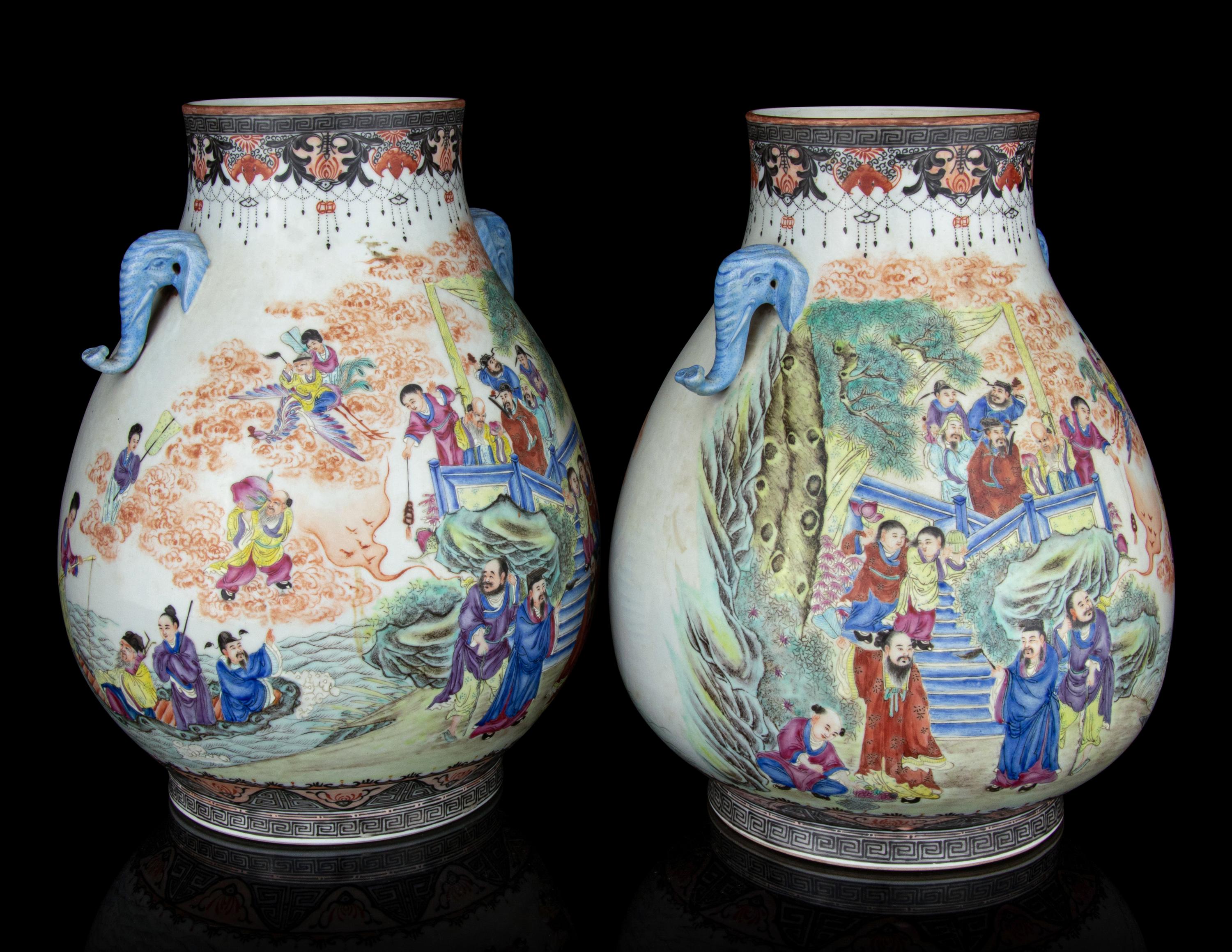 A Pair of Famille Rose Porcelain Zun Vases