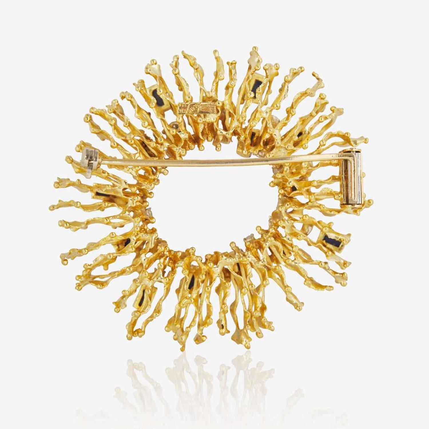 An 18K Yellow Gold, Diamond, and Lapiz Lazuli Pin Brutalist, c.1980