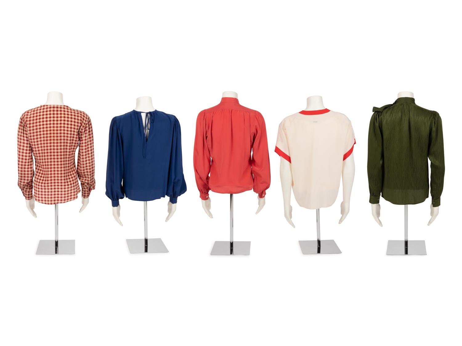 Five Silk Designer Blouses: One Chloé, One Giorgio Armani, and Three Yves Saint Laurent, 1980s