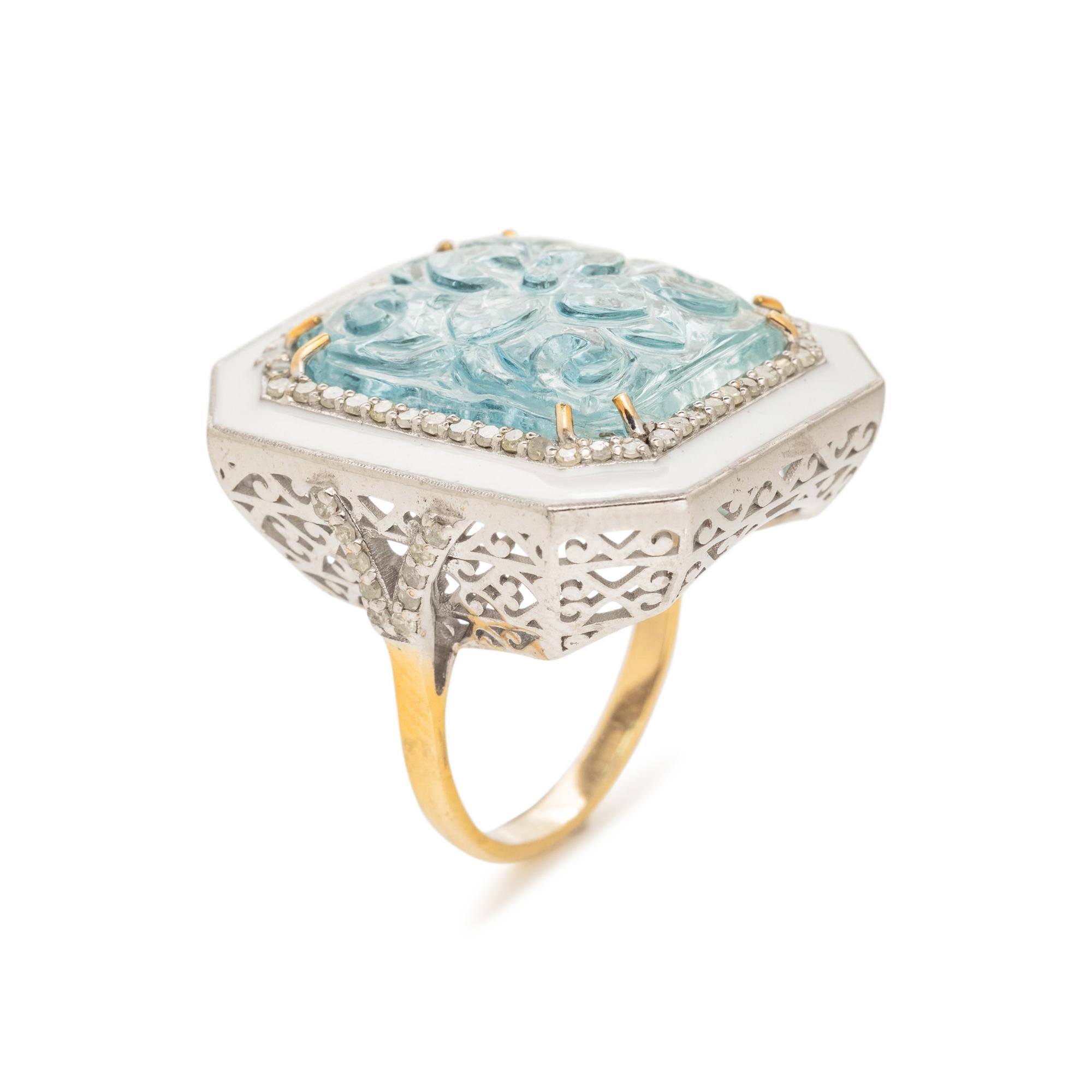 AQUAMARINE, DIAMOND AND ENAMEL RING