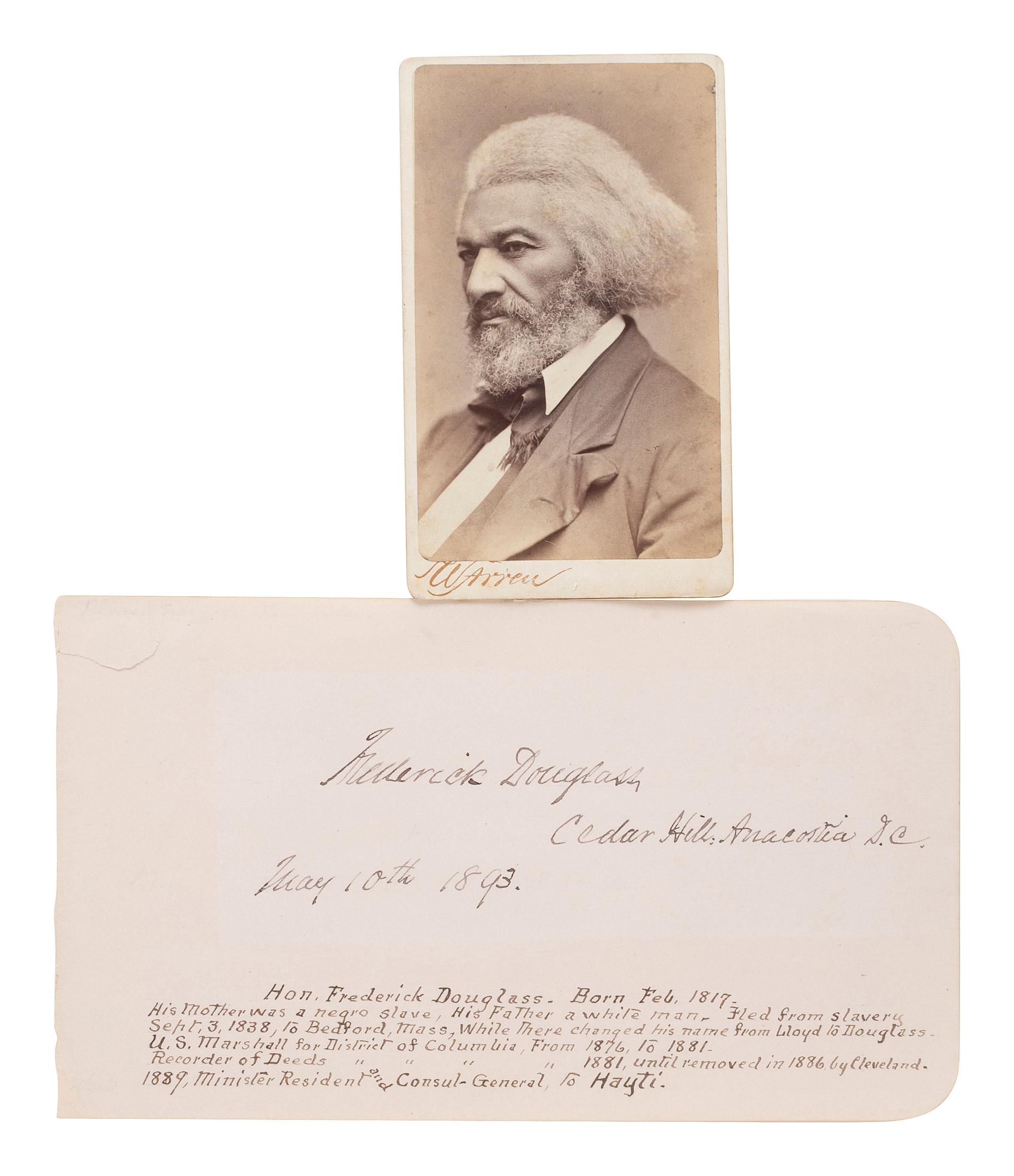 DOUGLASS, Frederick (1818-1895). CDV of Frederick Douglass. [ With: ] Signature ("Frederick Douglass"). Washington, D.C., 10 May 1893.