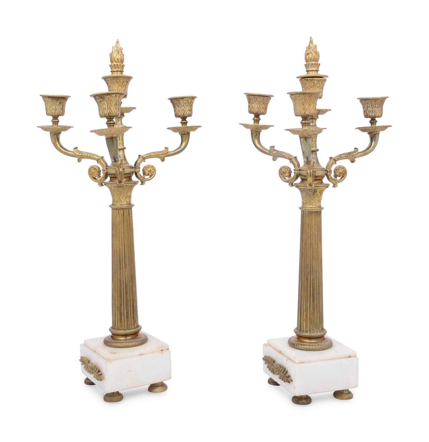 A Pair of Continental Gilt Bronze and Marble Three-Light Candelabra