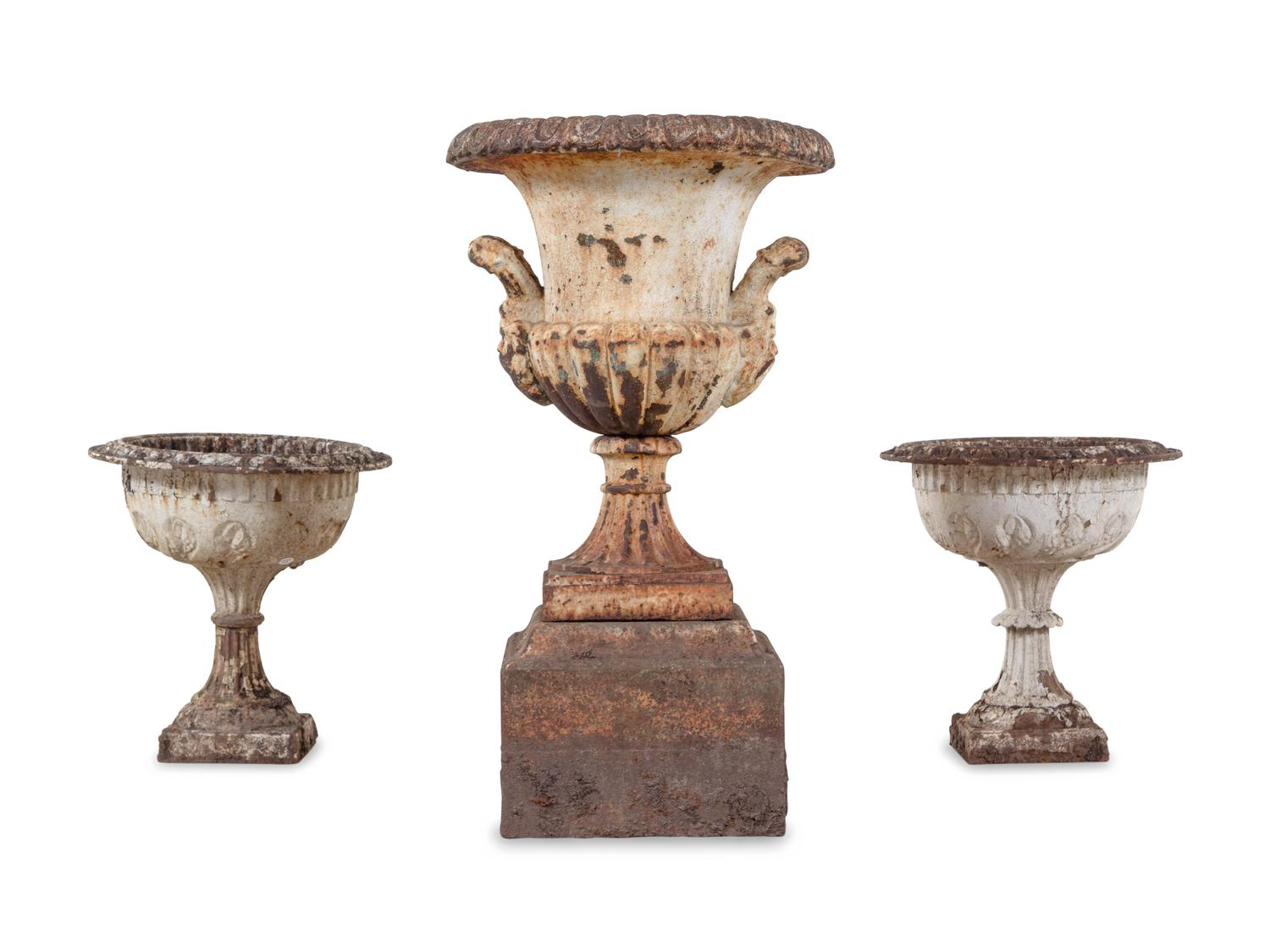 Three Cast Iron Garden Urns