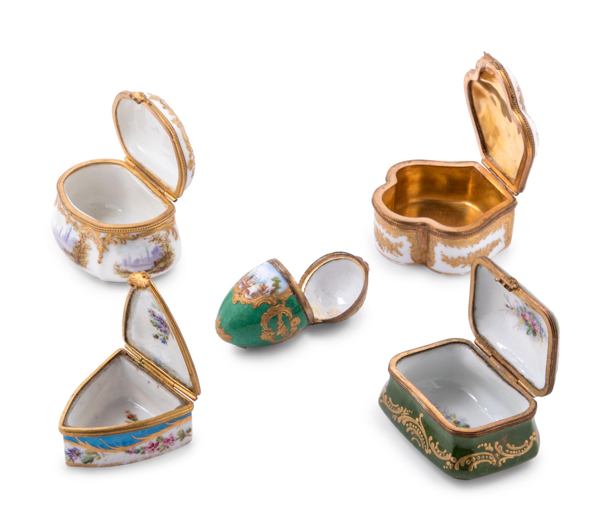 Five Continental Gilt Metal Mounted Polychrome Decorated Pill Boxes