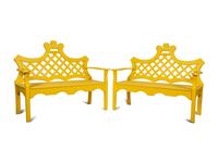 Two Yellow Painted Wood Garden Benches — 20TH CENTURY
