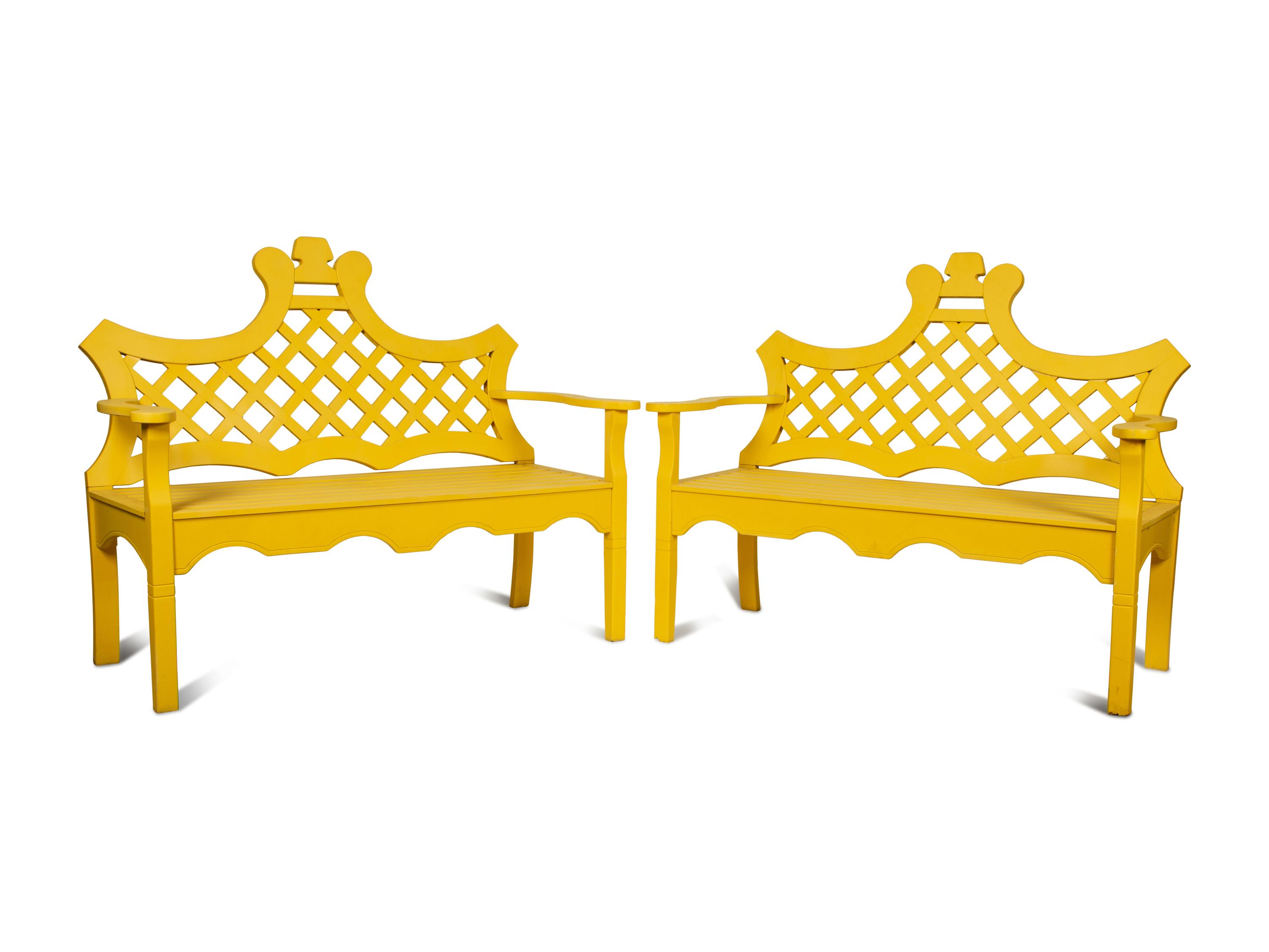 Two Yellow Painted Wood Garden Benches — 20TH CENTURY