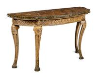 A Pair of Italian Gilt and Silvered Faux Marble-Top Console Tables