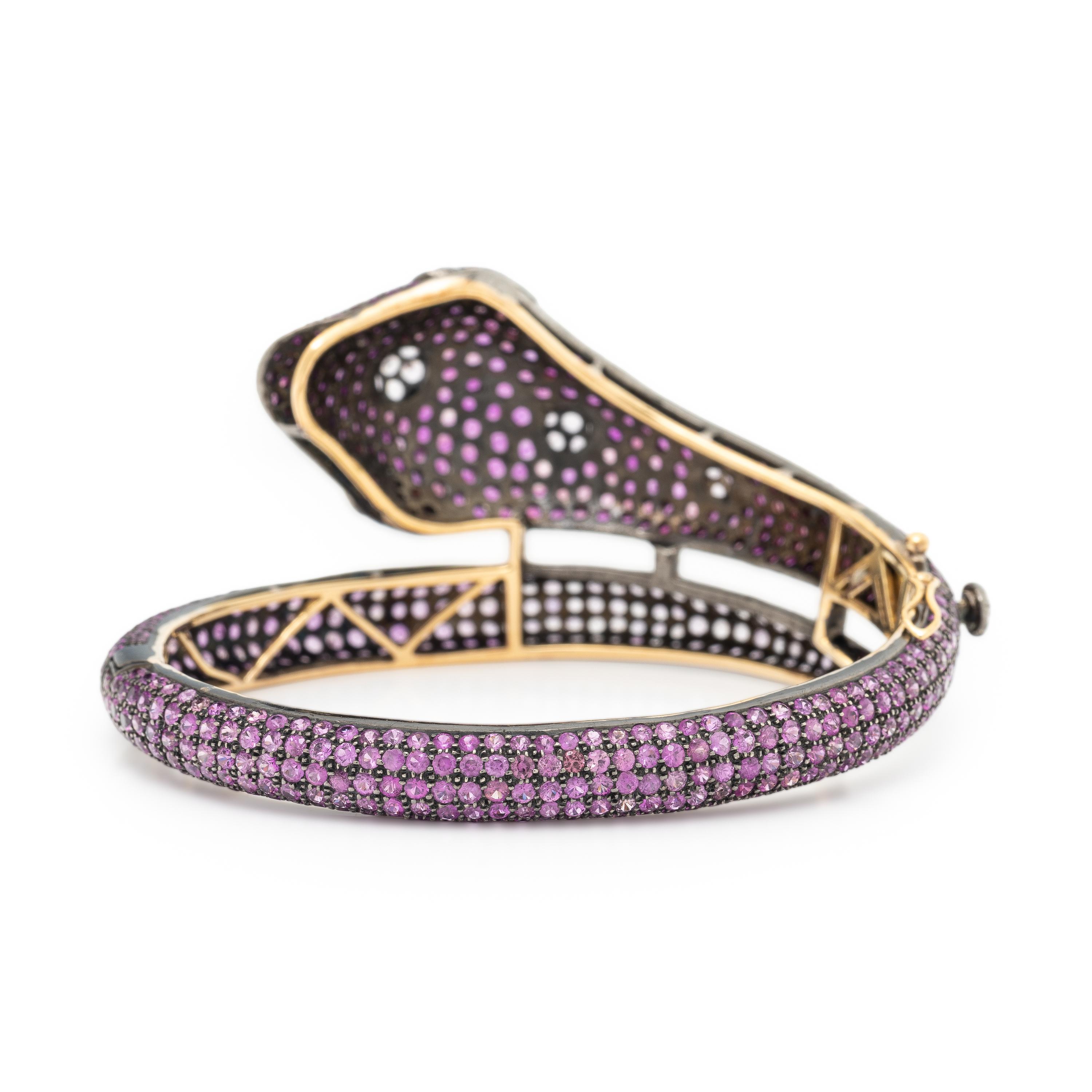 Pink Sapphire, Silver, and Yellow Gold Snake Bangle Bracelet